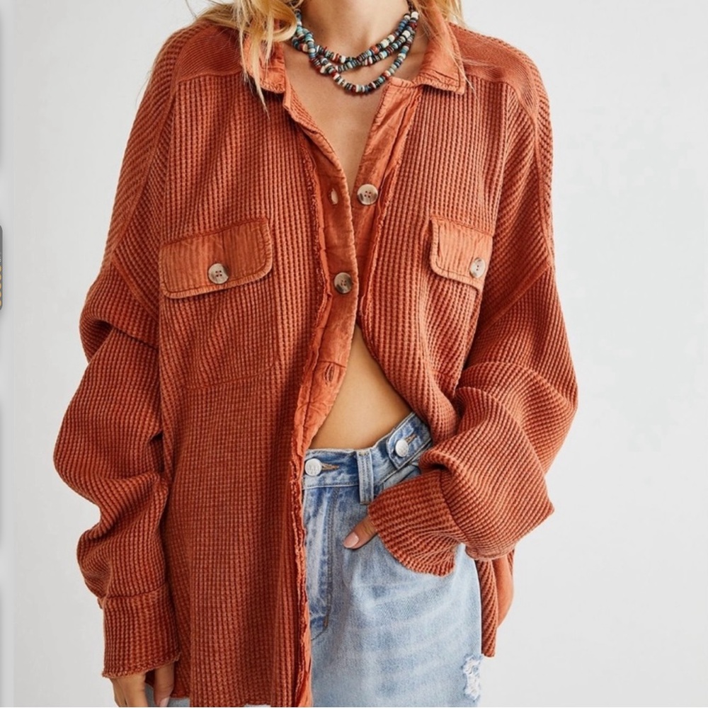 Free People One Scout Waffle Knit Button‑Down Shirt (Burnt Orange) M